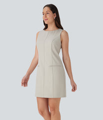Boat Neck Sleeveless Botton Mini Work Dress with Pockets