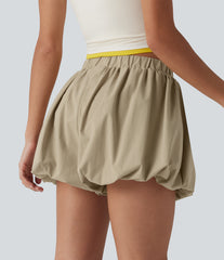 Mid Rise Stretchy Poplin Casual Bubble Shorts with Pockets