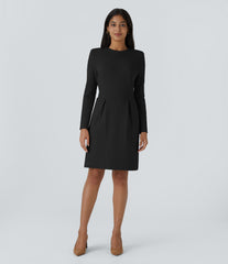 Round Neck Shoulder Pad Long Sleeve Hem Slim Mini Work Dress