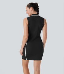 SoftlyZero™ Airy Color Block Polo Zip Sleeveless Bodycon InstantCool Mini Casual Dress-UPF50+