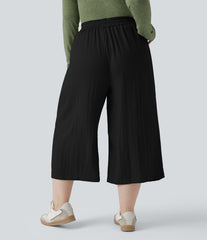 High Waisted Drawstring Wide Leg Cropped Casual Linen-Feel Plus Size Pants with Pockets