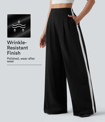 Wrinkle-Resistant High Waisted Baggy Color Block Casual Linen-Feel Pants with Pockets