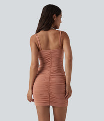 V Neck Bodycon Ruched Mini Slip Dress