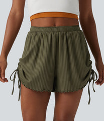 Ribbed Knit Mid Rise Drawstring Lettuce Trim Shorts 4'' with Pockets