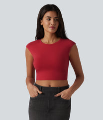 Round Neck Cap Sleeve Cropped Casual T-Shirt