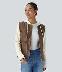 Hooded Drawstring Pocket Zipper Contrast Faux Leather Casual Jacket