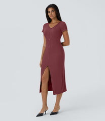 Ribbed Knit V Neck Midi Chill Dress