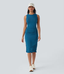 Round Neck Sleeveless Ruched Casual Bodycon Dress