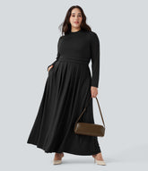 Mock-neck Long Sleeve Flare Maxi Casual Plus Size Dress with Pockets