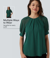 Round Neck Short Sleeve Casual Blouse-Front and Back Wearable