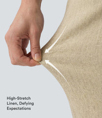 High Waisted Straight Leg Casual Stretch Linen Pants with Pockets