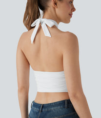 Halter Tie Back Cut Out Contrast Mesh Cropped Casual Top