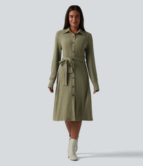 Ribbed Knit Long Sleeve Belted Midi Work Dress