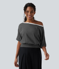 One Shoulder Short Sleeve Stripe Casual T-Shirt