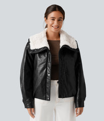 Faux Fur Collar Zip Fly Casual Faux Leather Jacket with Pockets