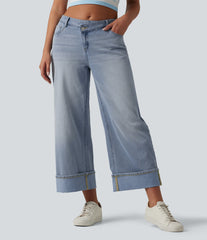 Halara Flex™ Asymmetric Mid Rise Rolled Hem Wide Leg Casual Jeans with Pockets