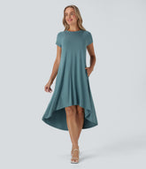 Round Neck Short Sleeve Pocket High Low Flowy Midi Casual Dress