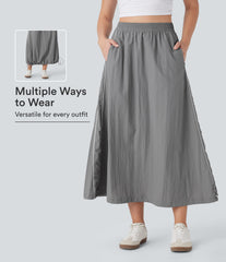 High Waisted Color Block Stripe Cinchable Hem A-line Midi Casual Skirt with Pockets