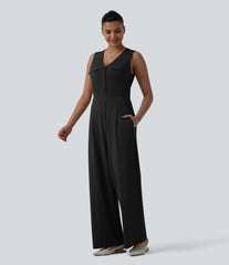 V-neck Sleeveless Pleated Work Jumpsuit with Pockets-Easy Peezy