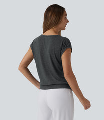 Ribbed Knit Round Neck Cap Sleeve Work Wool-Blend Top