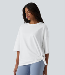 Round Neck 3/4 Sleeve Tie Side Workout Cotton Sports Top