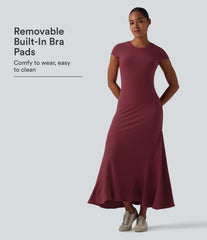 Ribbed Knit Round Neck Short Sleeve Midi Casual Dress