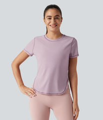 Round Neck Short Sleeve Curved Hem Breathable Mesh Yoga Sports Top