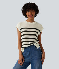 Round Neck Split Color Block Stripes Casual Sweater Vest