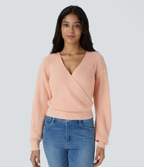 V Neck Dropped Shoulder Long Sleeve Wrapped Relaxed Casual Sweater