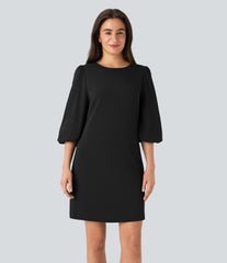 Round Neck Puff Sleeve Mini Work Linen-Feel Dress