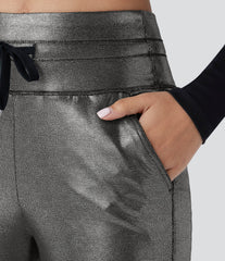SoftlyZero™ Faux Leather High Waisted Drawstring Pocket Sparkle Foil Print Stretchy Joggers