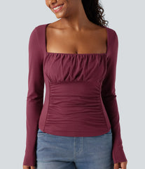 Square Neck Ruched Long Sleeve Casual Top