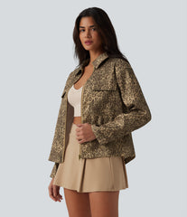 Long Sleeve Zipper Leopard Print Casual Jacket with Pockets