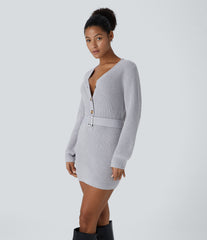 V Neck Front Long Sleeve Belted Mini Casual Sweater Dress