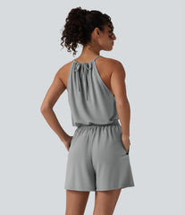 Halter Sleeveless Tie-back Pleated Casual Romper with Pockets-Easy Peezy