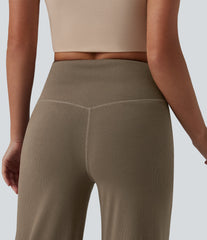 Ribbed Knit High Waisted Tummy Control Wide Leg Casual Pants with Pockets