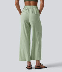 High Waisted Straight Leg 7/8 Casual Stretch Linen Pants with Pockets