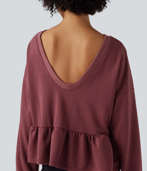 V Back Long Sleeve Ruffle Hem Casual Sweatshirt