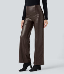 High Waisted Tummy Control Stretchy PU Fleece Casual Flare Pants with Pockets