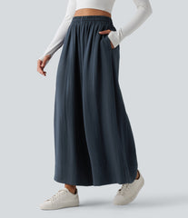 High Waisted Inner Drawstring Flowy Wide Leg Casual Linen-Feel Pants with Pockets