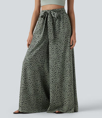 High Waisted Tie Front Wide Leg Baggy Leopard Print Casual Pants with Pockets
