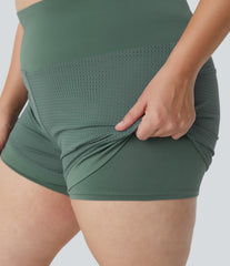 High Waisted Back Waistband Pocket 2-in-1 Yoga Plus Size Shorts