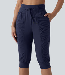 High Waisted Drawstring Ruched Tapered Pedal Pusher Quick Dry InstantCool Dance Joggers with Pockets-UPF40+