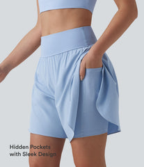 SoftlyZero™ QuickDry High Waisted Tummy Control Reflective Dots Crossover Hem 2-in-1 Running Shorts 7'' with Pockets