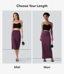 High Waisted Ruched Stretchy Satin-Like InstantCool Maxi Casual Pencil Skirt