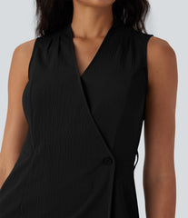 V Neck Sleeveless Wrapped Belted Midi Travel Dress with Pockets