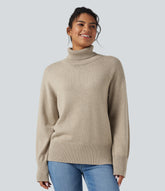 High Neck Long Sleeve Work Wool-Blend Sweater