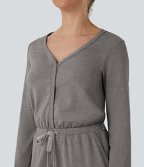 V Neck Long Sleeve Thumb Hole Drawstring Workout Jumpsuit with Pockets-Easy Peezy Edition