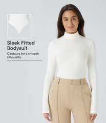 Ribbed Knit High Neck Long Sleeve Work Bodysuit