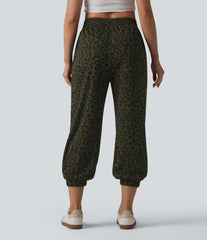 High Waisted Leopard Print Casual Cropped Baggy Joggers with Pockets